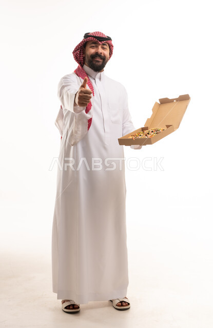 Saudi Man Holding Pizza Box with Thumbs Up Gesture
