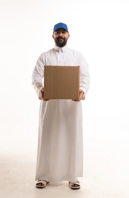 Saudi Man Holding Delivery Box on White Background