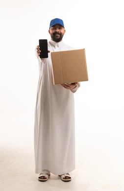 Saudi Delivery Man Holding Package and Smartphone Studio
