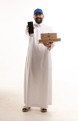 Saudi Man Holding Pizza Boxes and Smartphone
