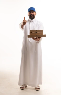 Saudi Man Holding Pizza Boxes with Thumbs Up Gesture
