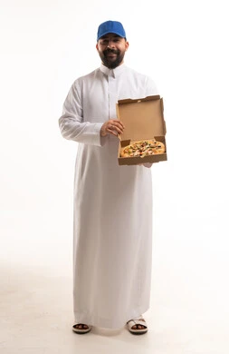 Saudi Man in White Thobe Holding Open Pizza Box