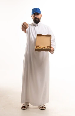 Saudi Man in Thobe Giving Pizza Thumbs Down