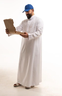 Saudi Man in Thobe Holding Delivery Box in Studio