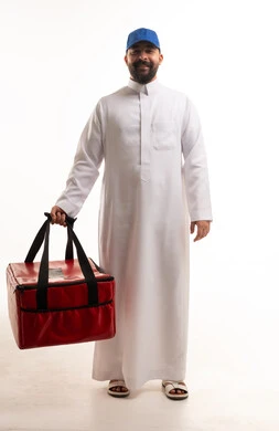 Saudi Delivery Man in White Thobe with Red Bag