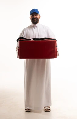 Saudi Delivery Man Holding Red Thermal Food Bag