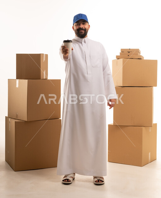 Saudi Delivery Man with Boxes and Coffee Cup