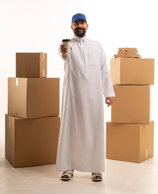 Saudi Delivery Man with Boxes and Coffee Cup