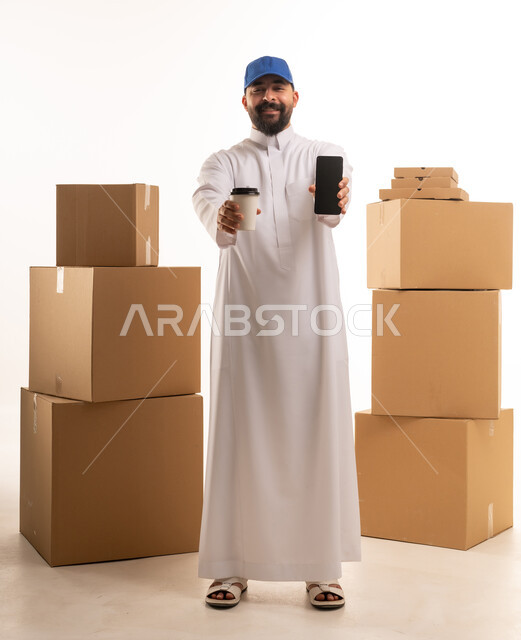 Saudi Delivery Man with Shipping Boxes and Smartphone