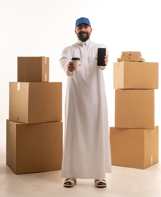 Saudi Delivery Man with Shipping Boxes and Smartphone