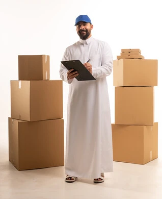 Saudi Delivery Man with Boxes on White Background