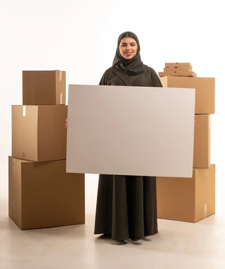 Saudi Woman with Blank White Sign and Shipping Boxes