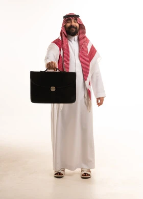 Saudi Businessman Holding Black Briefcase on White Background