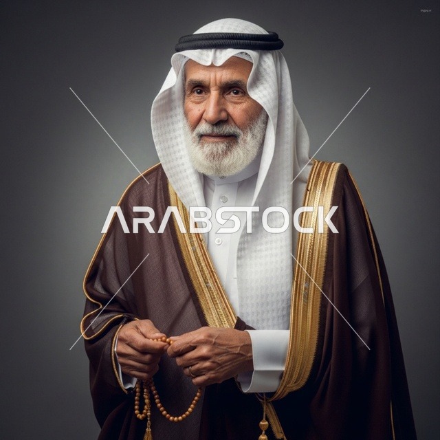 بورتريه استوديو لرجل سعودي مسن بملامح وقورة يرتدي البشت الفاخر والزي التقليدي ممسكاً بسبحة خشبية على خلفية رمادية