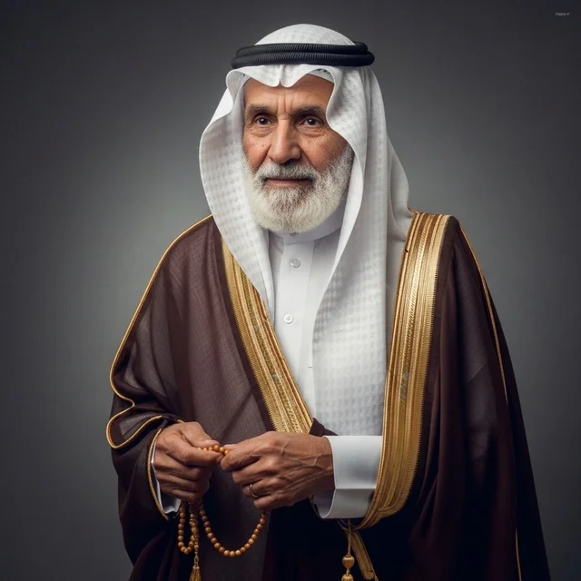 بورتريه استوديو لرجل سعودي مسن بملامح وقورة يرتدي البشت الفاخر والزي التقليدي ممسكاً بسبحة خشبية على خلفية رمادية