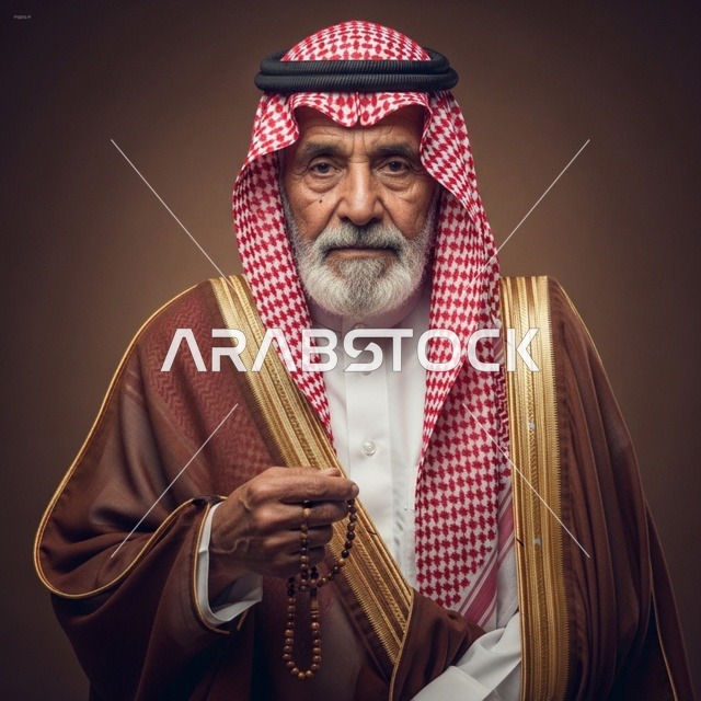 بورتريه استوديو لرجل سعودي مسن يرتدي الشماغ الأحمر والبشت البني الفاخر، ينظر بثقة ووقار للكاميرا ممسكاً بسبحة خشبية
