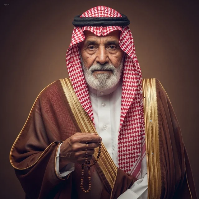 Studio portrait of a dignified elderly Saudi man wearing a red shemagh and an elegant brown bisht, looking confidently at the camera while holding wooden prayer beads