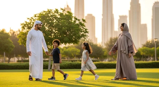عائلة إماراتية تمشي في حديقة دبي وقت الغروب