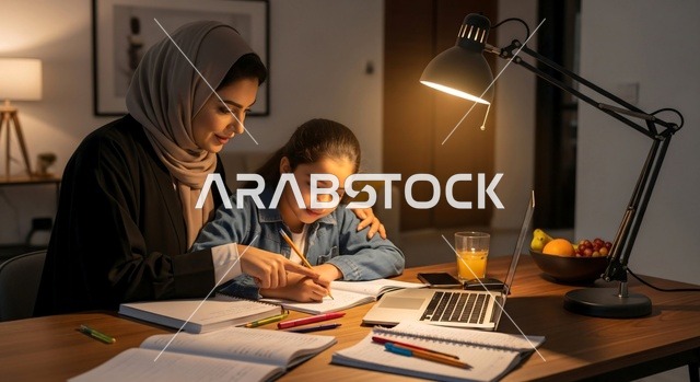 Arab Mother Helping Daughter Study at Night with Laptop