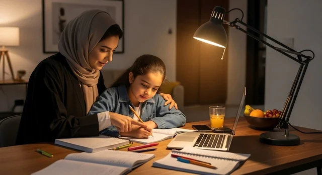 Arab Mother Helping Daughter Study at Night with Laptop