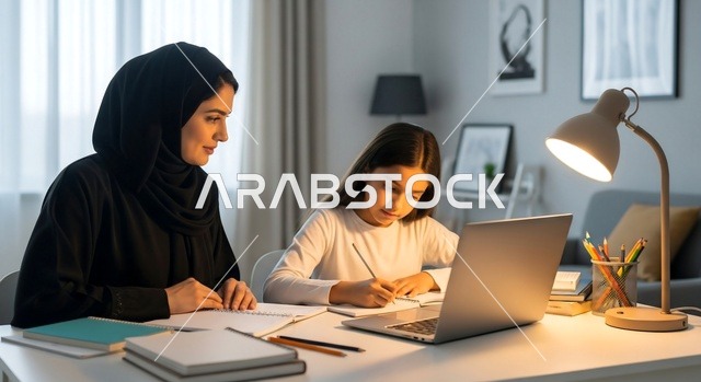 Arab Mother Helping Daughter Study with Laptop at Night