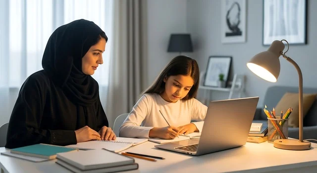 Arab Mother Helping Daughter Study with Laptop at Night Arab Mother Helping Daughter Study with Laptop at Night