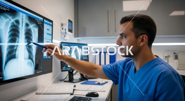 طبيب أشعة يحلل صورة أشعة سينية للصدر في المستشفى