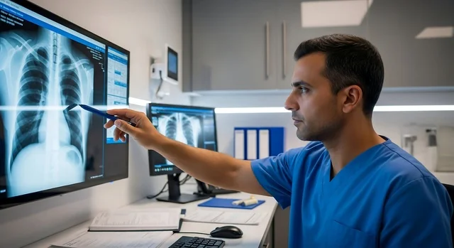 طبيب أشعة يحلل صورة أشعة سينية للصدر في المستشفى