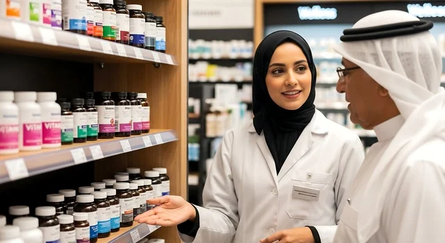 صيدلانية عربية تشرح الأدوية لعميل في الصيدلية