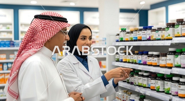 صيدلانية عربية تساعد عميل في صيدلية حديثة