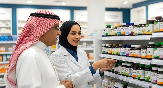 صيدلانية عربية تساعد عميل في صيدلية حديثة
