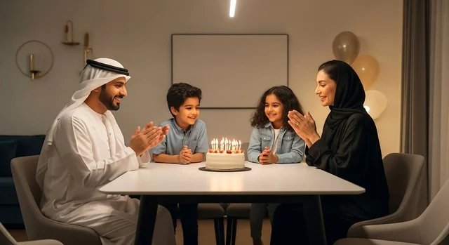 احتفال عائلة إماراتية بعيد ميلاد مع كعكة في المنزل