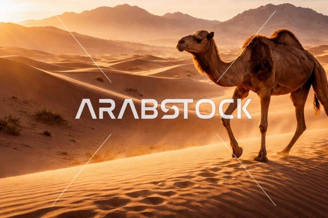 جمل يمشي فوق الكثبان الرملية في الصحراء وقت الغروب