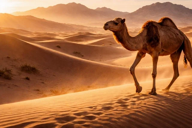 جمل يمشي فوق الكثبان الرملية في الصحراء وقت الغروب
