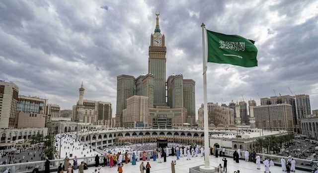 Saudi Flag and Makkah Clock Tower at Grand Mosque Saudi Flag and Makkah Clock Tower at Grand Mosque