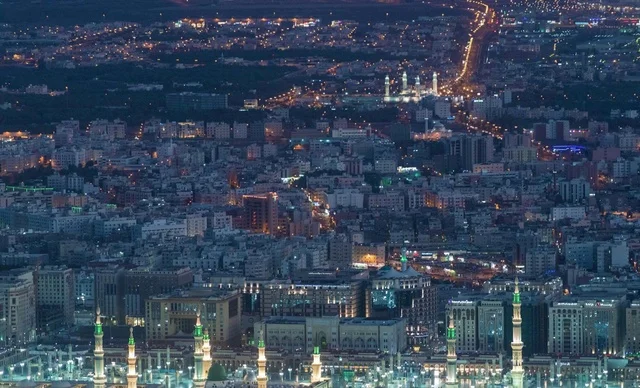 Medina Saudi Arabia Aerial Cityscape and Mosque at Night Medina Saudi Arabia Aerial Cityscape and Mosque at Night