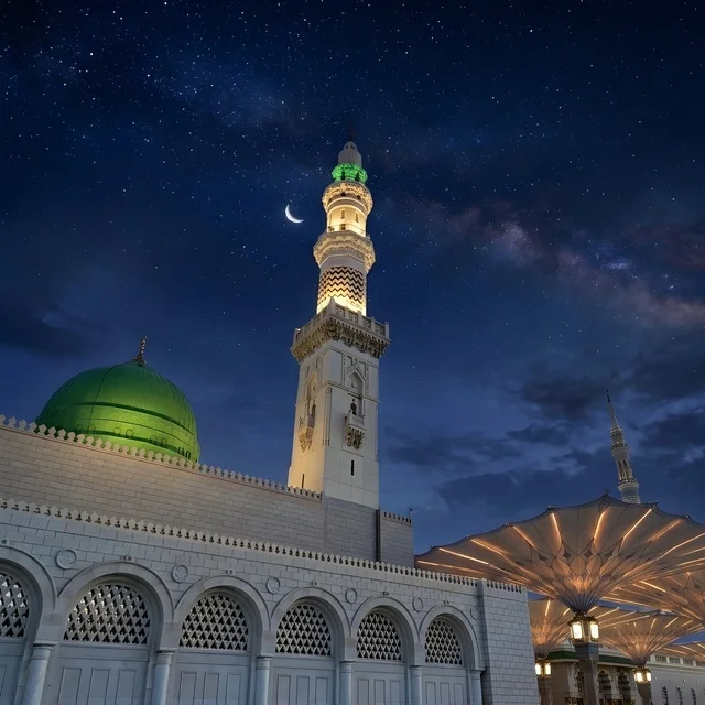 Prophet's Mosque Medina Under Starry Night Sky