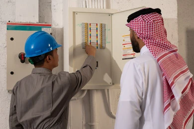 فني ورجل سعودي يفحصان لوحة مفاتيح كهربائية