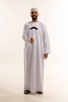 Omani Man in Traditional Dishdasha with Mustache Prop