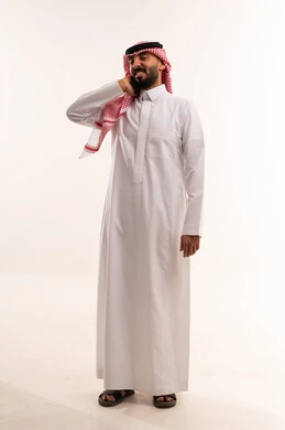 Saudi Man in Traditional White Thobe on White Background