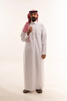 Saudi Man in Traditional Thobe with Mustache Prop