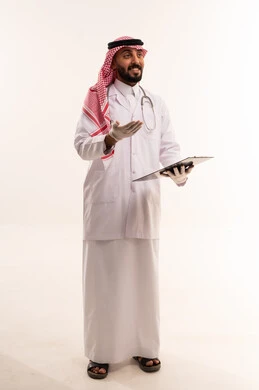 Saudi Male Doctor in Traditional Attire with Clipboard
