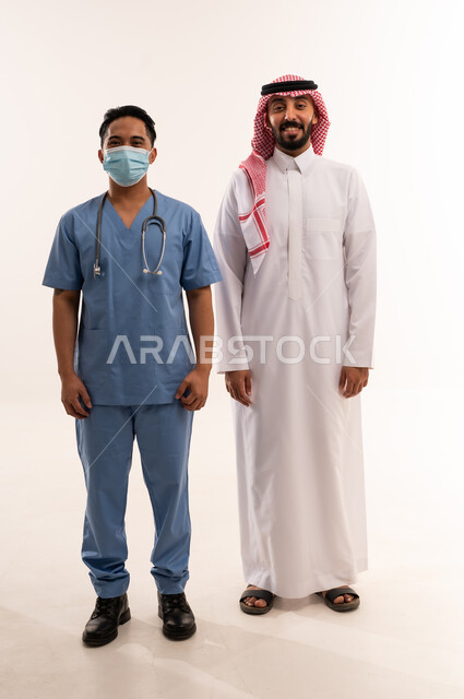 Saudi Man and Asian Nurse Standing on White Background