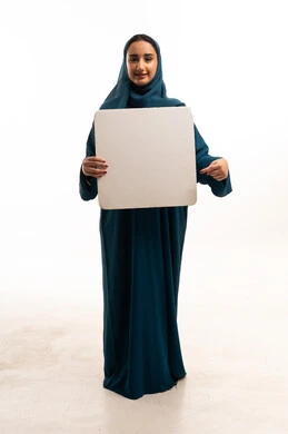 Saudi Woman Holding Blank White Placard in Studio