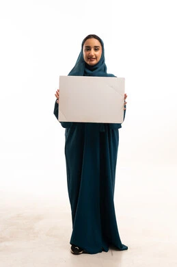 Saudi Woman in Abaya Holding Blank White Board