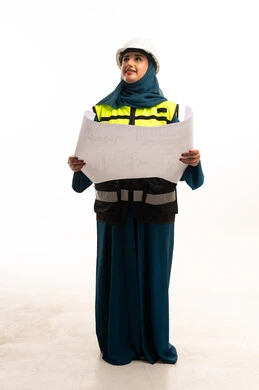 Arab Female Engineer with Blueprints and Hard Hat