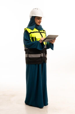 Saudi Female Engineer with Tablet and Safety Helmet