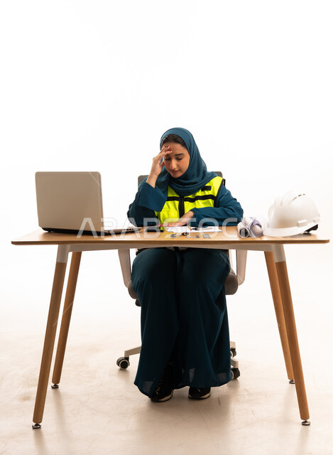 Saudi Female Engineer Stressed at Desk with Blueprints