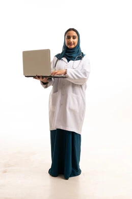 Saudi Female Doctor with Laptop on White Background