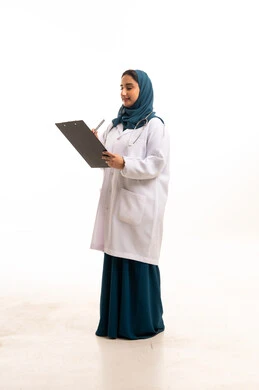 Saudi Female Doctor Writing on Clipboard in White Coat